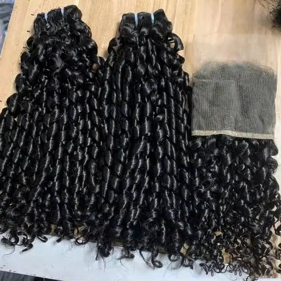 Mèches brésiliennes naturelles brutes bouclées Pixie, avec Lace Closure Frontal 4x4 13x4 HD, Extensi
