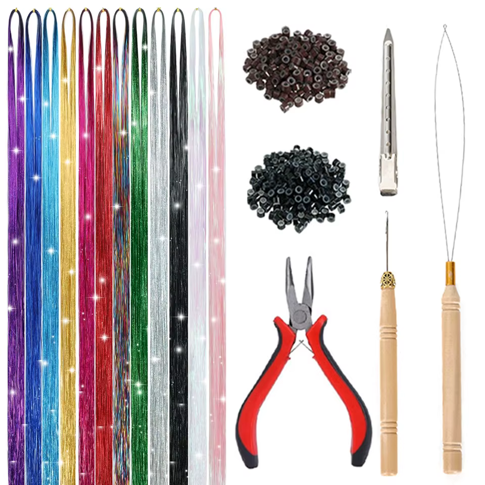 Kit d'extensions capillaires synthétiques Tinsel avec outils, mèches de cheveux 1200 brins, nickel é