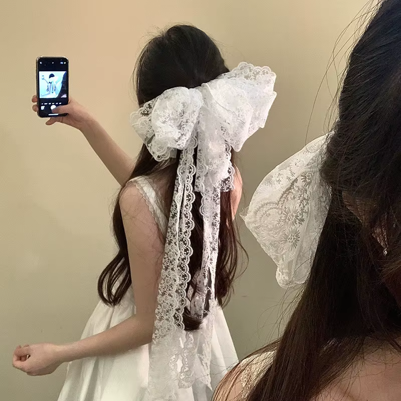 Pince à cheveux en dentelle française, nœud éthéré surdimensionné avec rubans pour femmes, accessoir