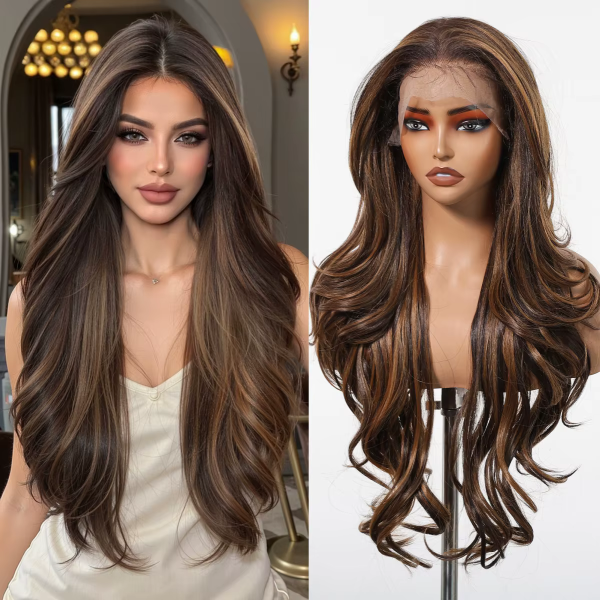 Perruque Lace Frontal Wig synthétique Afro Body Wave à reflets bruns et blonds, perruque Lace Fronta