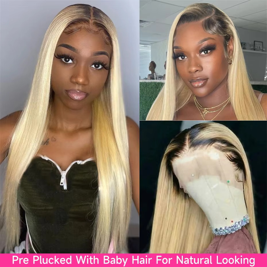 Perruque Lace Frontale 13x6 en Cheveux Humains, Couleur Ombré Blond 1B613, Pré-épilée, Lisse Baguett
