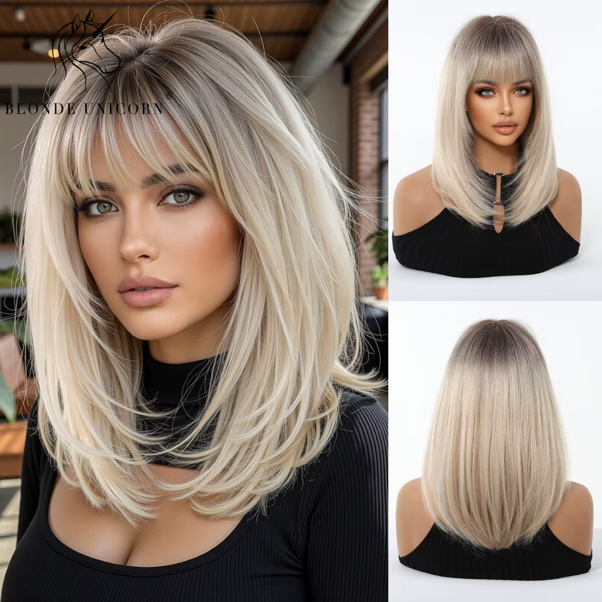 Perruque synthétique longue et lisse avec frange, licorne Blonde ombrée, cheveux résistants à la cha