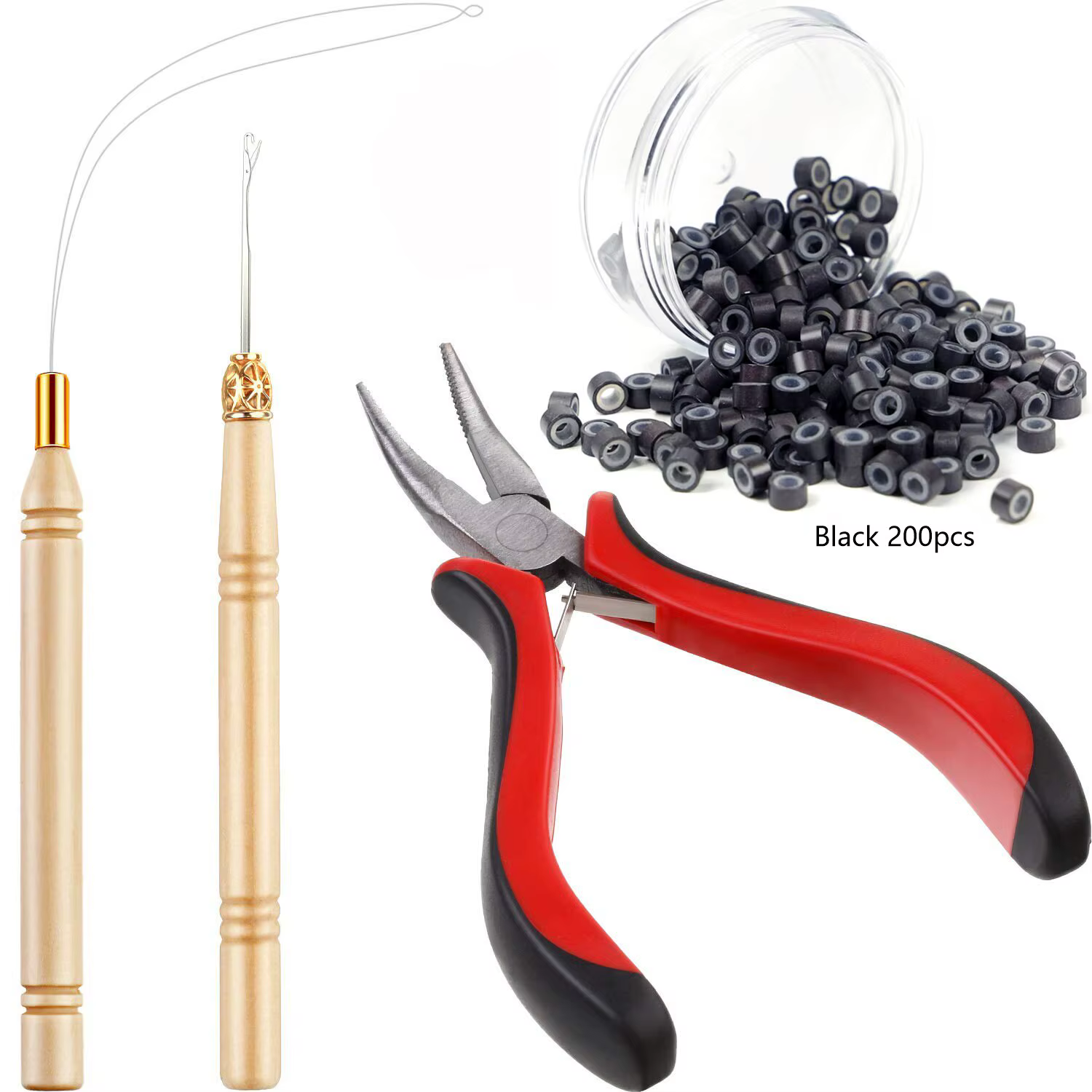 Kit d'outils pour extensions de cheveux : aiguille à micro-tirage, enfile-boucle et 200 micro-anneau