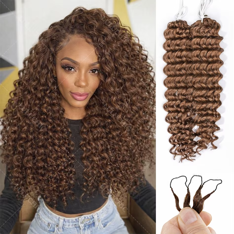 Extensions de cheveux humains bouclés au crochet, couleur marron chocolat, à ondulations profondes, 