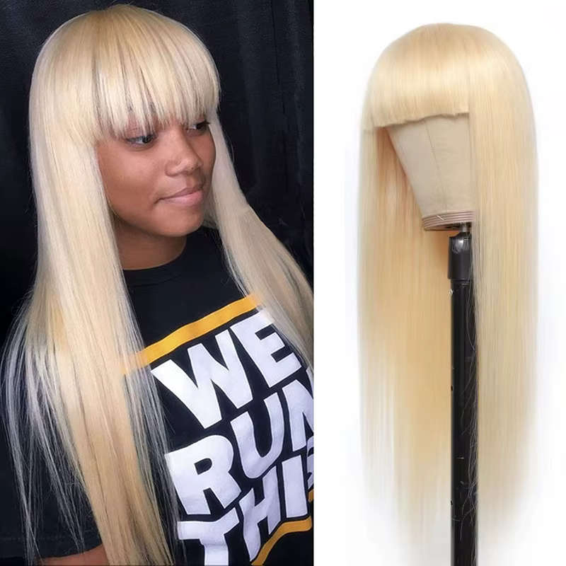 HairUGo-Perruque blonde sans colle avec frange pour femme, cheveux humains raides, entièrement faite