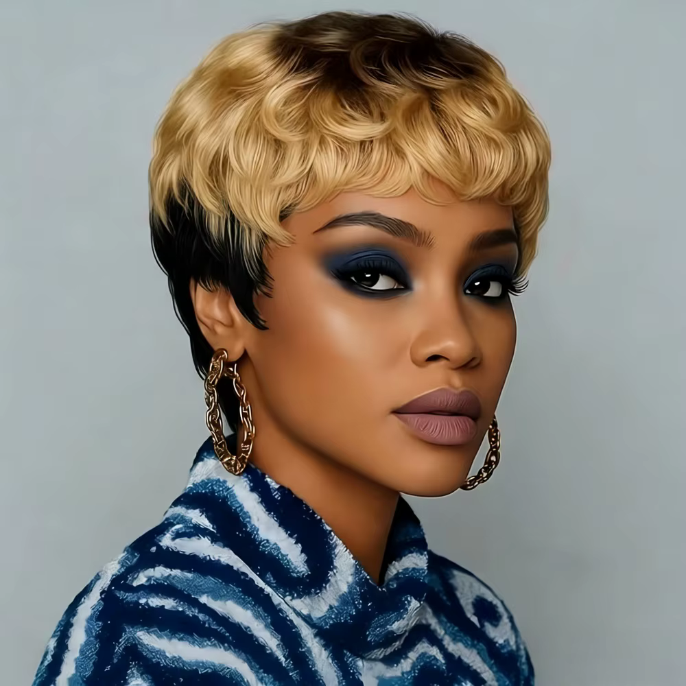 Perruque Pixie Cut en cheveux humains bouclés ondulés avec frange, entièrement fabriquée à la machin
