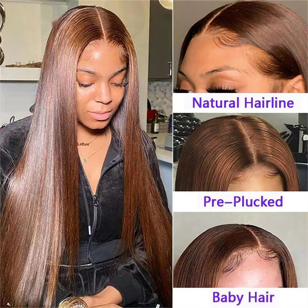 46 pouces # Perruque en cheveux humains brun chocolat, lisse, avec dentelle frontale HD 13x6, densit