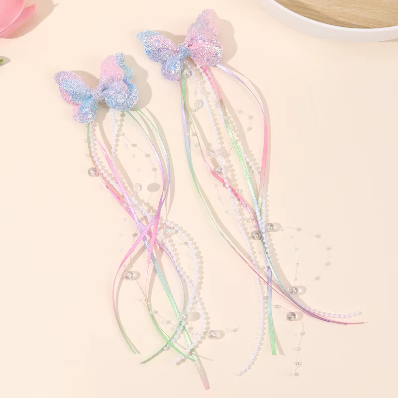Pince à cheveux à paillettes papillon arc-en-ciel pour enfants, 2 pièces, ruban de perles, pince à c