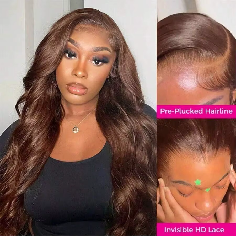Perruque Lace Front Wig Body Wave brun chocolat, cheveux naturels, densité 220, 30 pouces, 13x6, HD,
