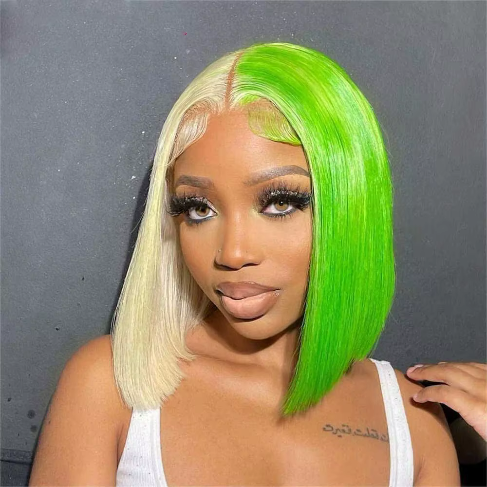 Perruque Bob Lace Front Wig 613 naturelle lisse, cheveux humains, coupe au carré, mi-vert, moitié bl