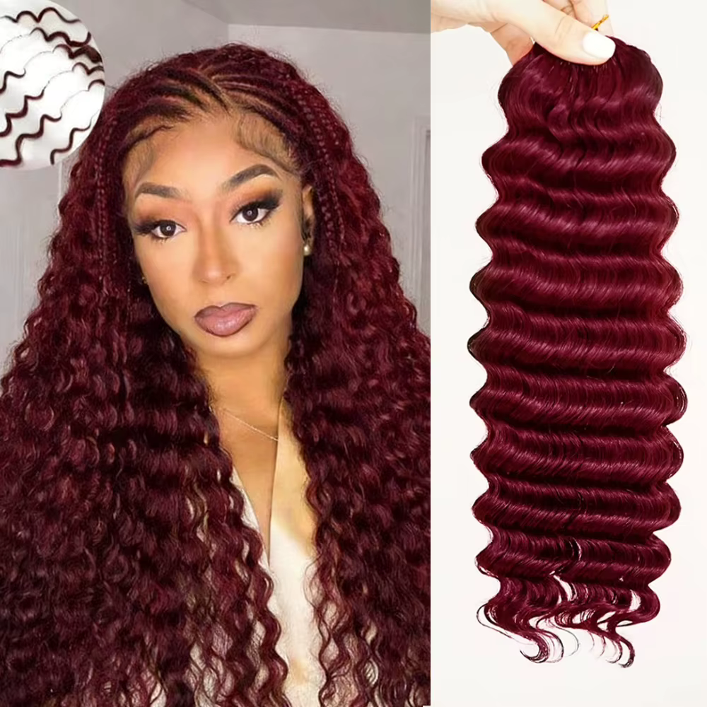 Extensions de cheveux en plumes Deep Wave couleur Bourgogne 100% cheveux humains, sans nœuds, pré-sé