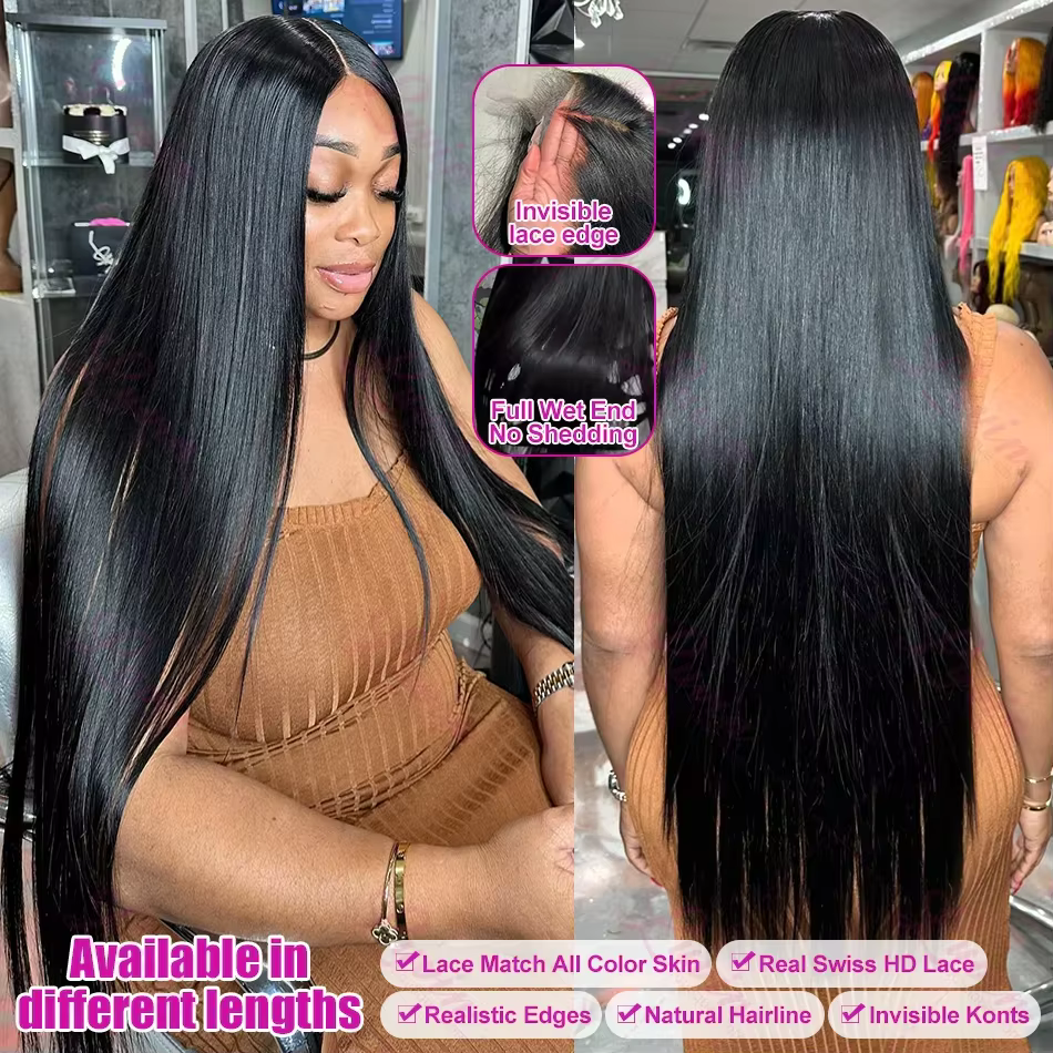 Perruques frontales en dentelle droite 13x6 HD 100% cheveux humains 30 40 pouces naturel noir brésil