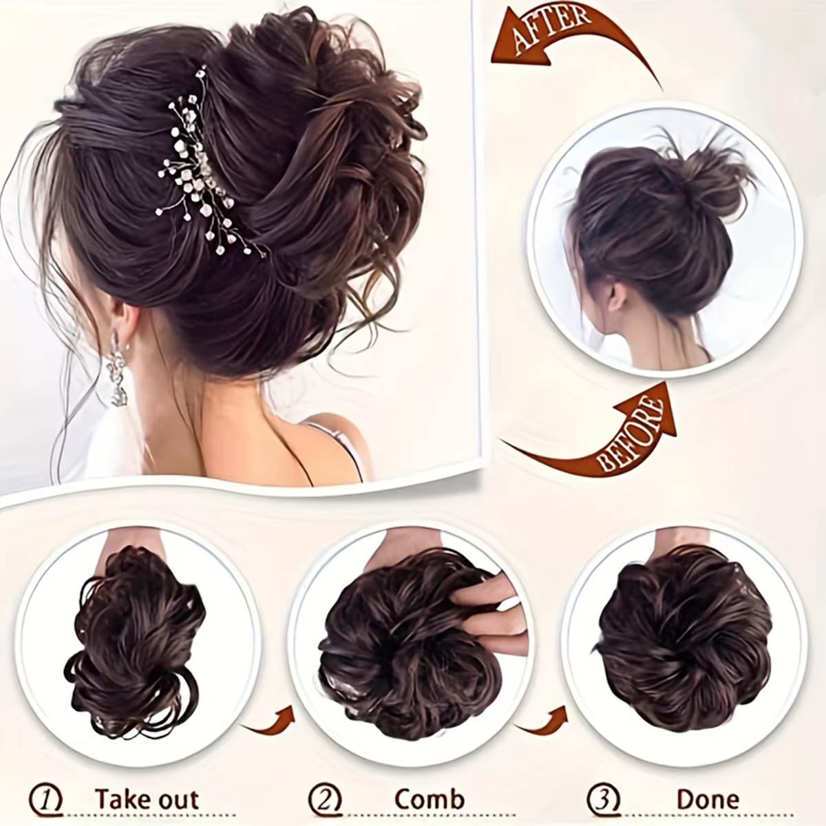 Postiche chignon à pince bouclée pour femmes caucasiennes, chignon synthétique, chignon chic, ébouri