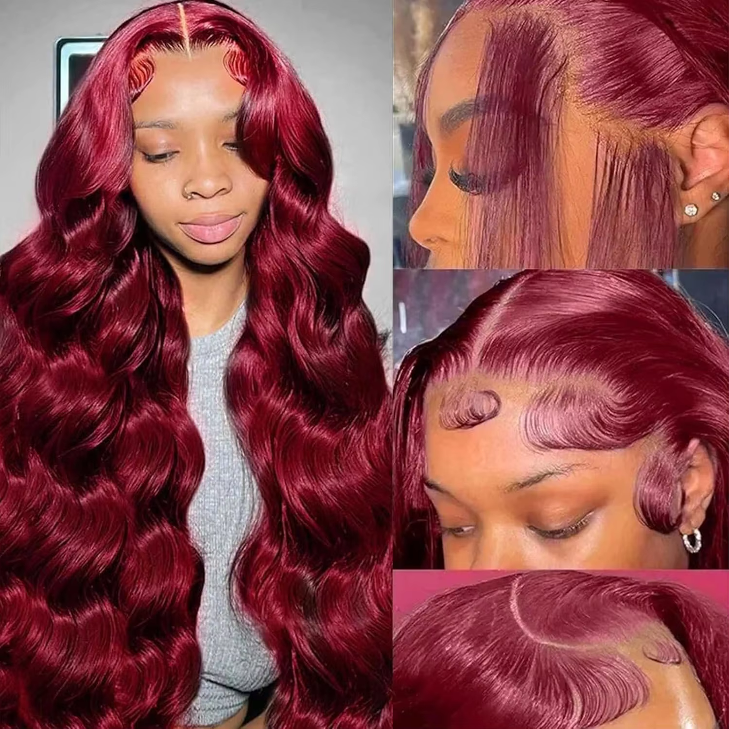 Perruque en cheveux humains ondulés bordeaux 99J, densité 200, avec dentelle frontale HD 13x6, 100%
