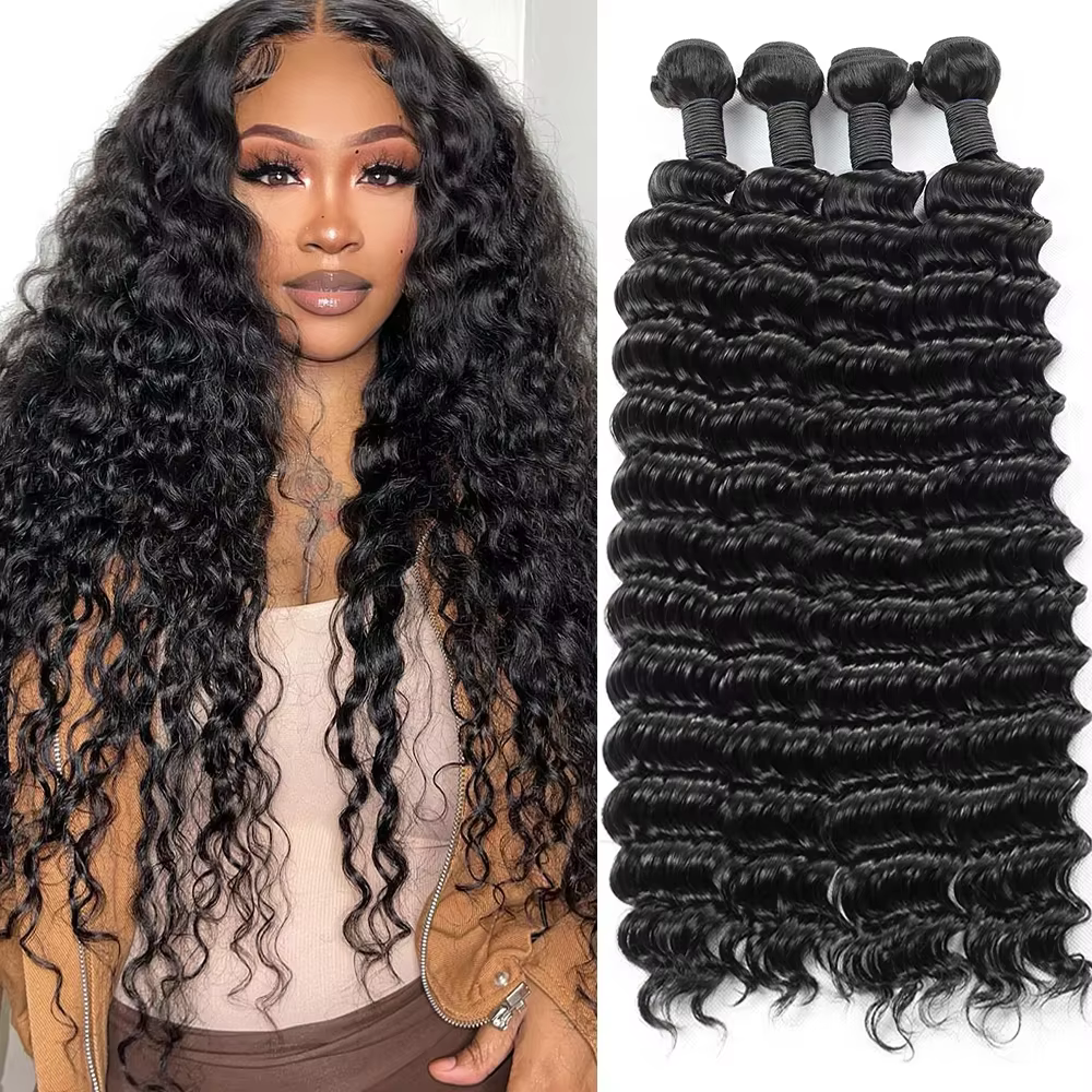 Extensions de cheveux brésiliens Remy, ondulés profonds, couleur naturelle, 38-40 pouces, non traité