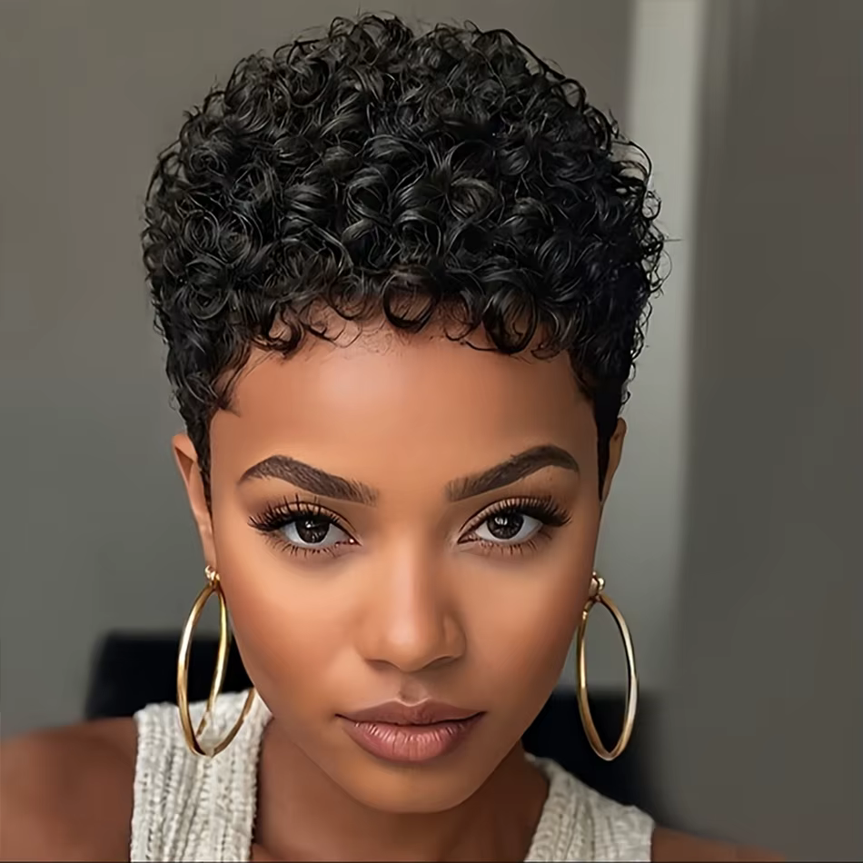 Perruque de cheveux humains courte coupe lutin sans colle perruque bouclée brésilienne pour les femm