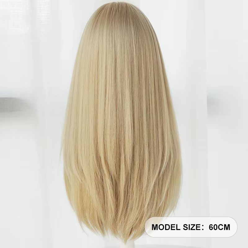 Perruques blondes en couches droites avec frange soignée, faux cheveux naturels synthétiques haute d