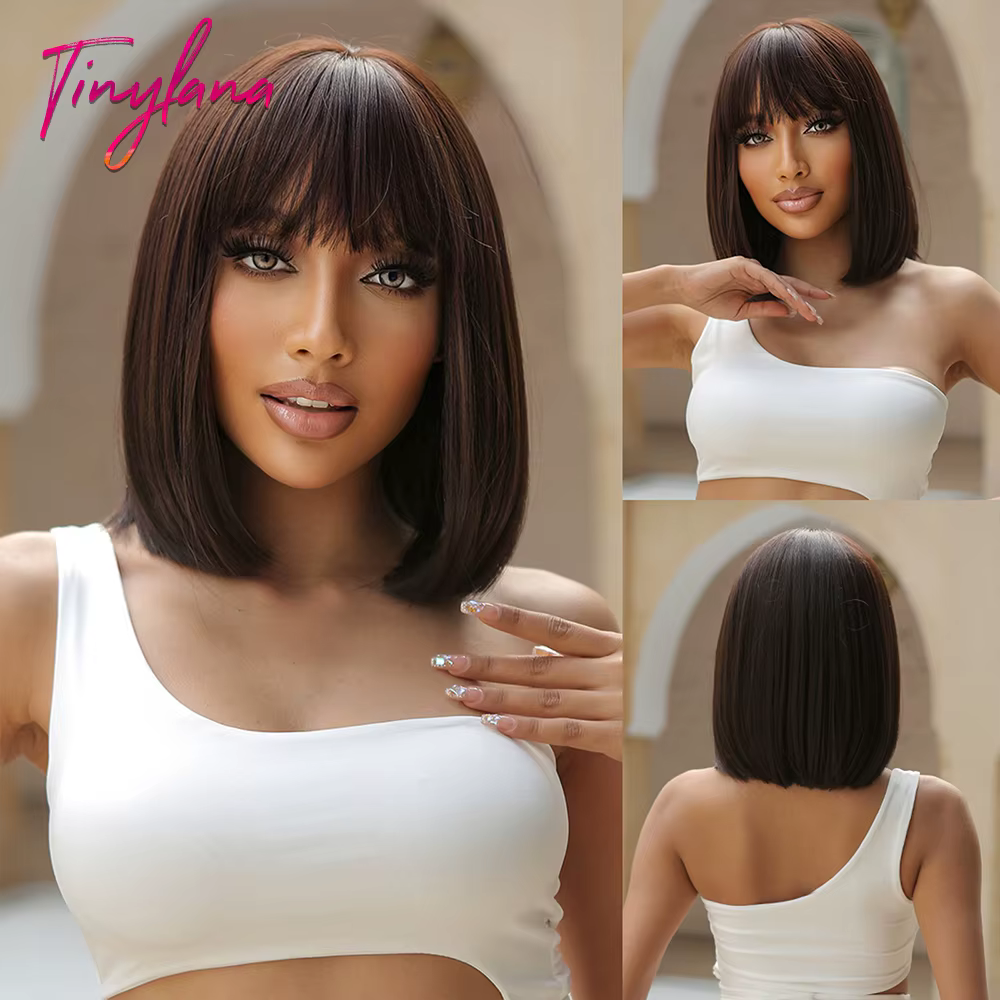 Perruque Synthétique Courte Bob Brun Foncé avec Frange pour Femme, Cheveux Lisses, Cosplay Lolita, P