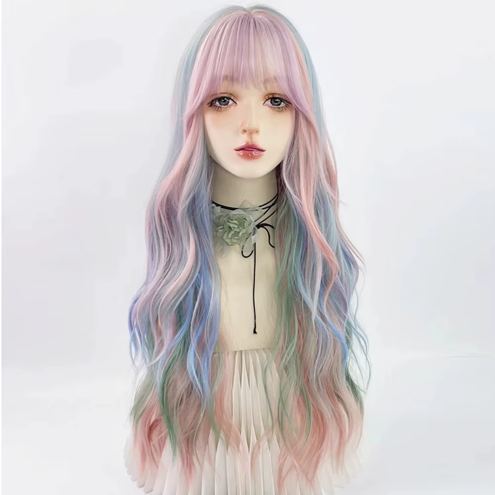 MSIWIGS – perruques synthétiques arc-en-ciel longues et ondulées avec frange, perruque de Cosplay Lo