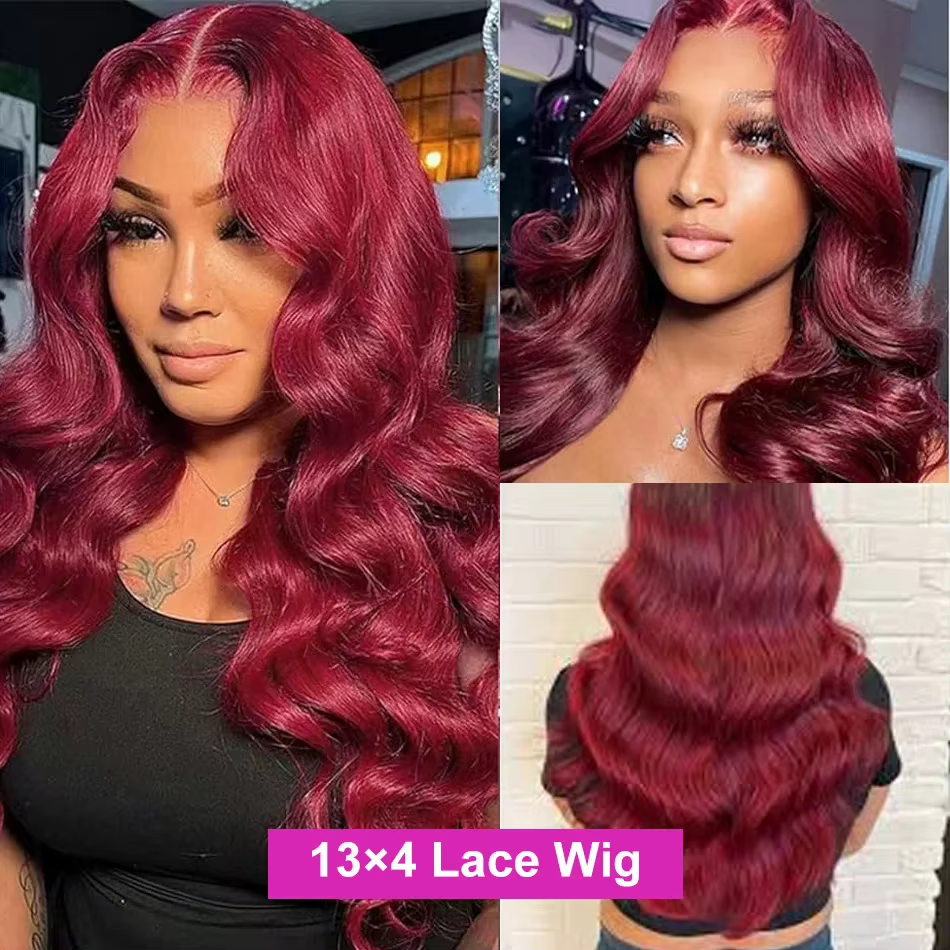 Perruque Lace Front Wig Body Wave Brésilienne Naturelle, Cheveux Humains, Rouge Bordeaux 99J, 13x4,