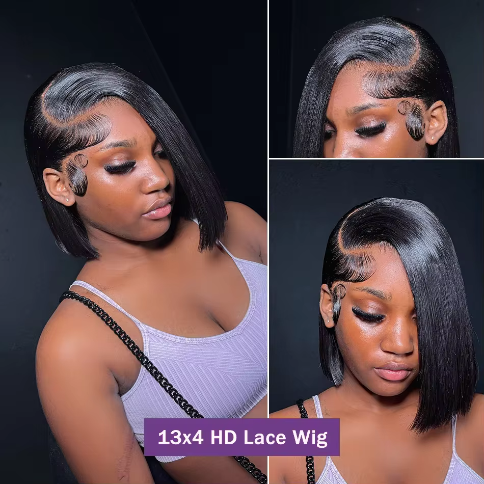 Perruques Courtes Bob en Cheveux Humains Vietnamiens 100% Naturels, Perruque Frontale en Dentelle HD