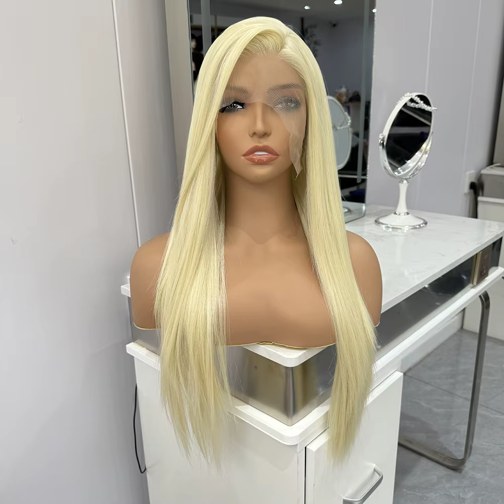 Perruque Lace Front Wig synthétique Blonde, cheveux longs et lisses, sans colle, naissance des cheve