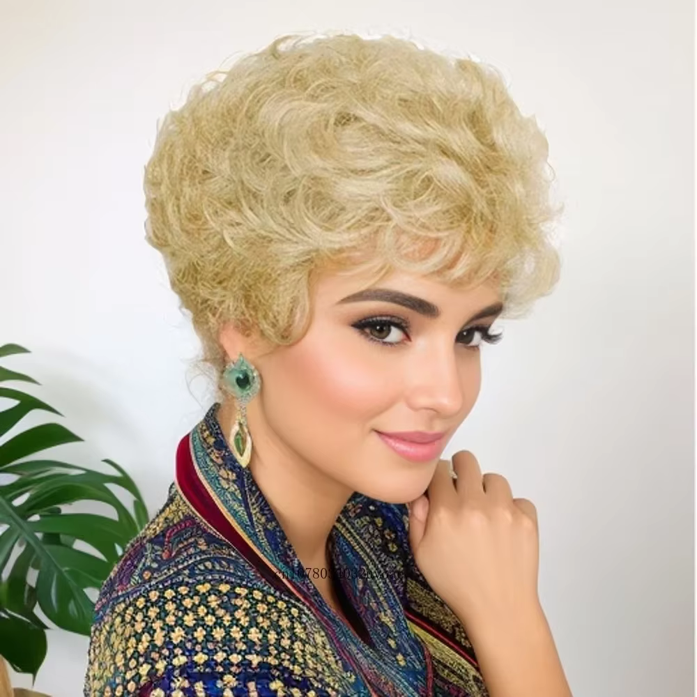 Perruques synthétiques courtes pour filles dorées, coupe de cheveux gris argenté avec frange, perruq