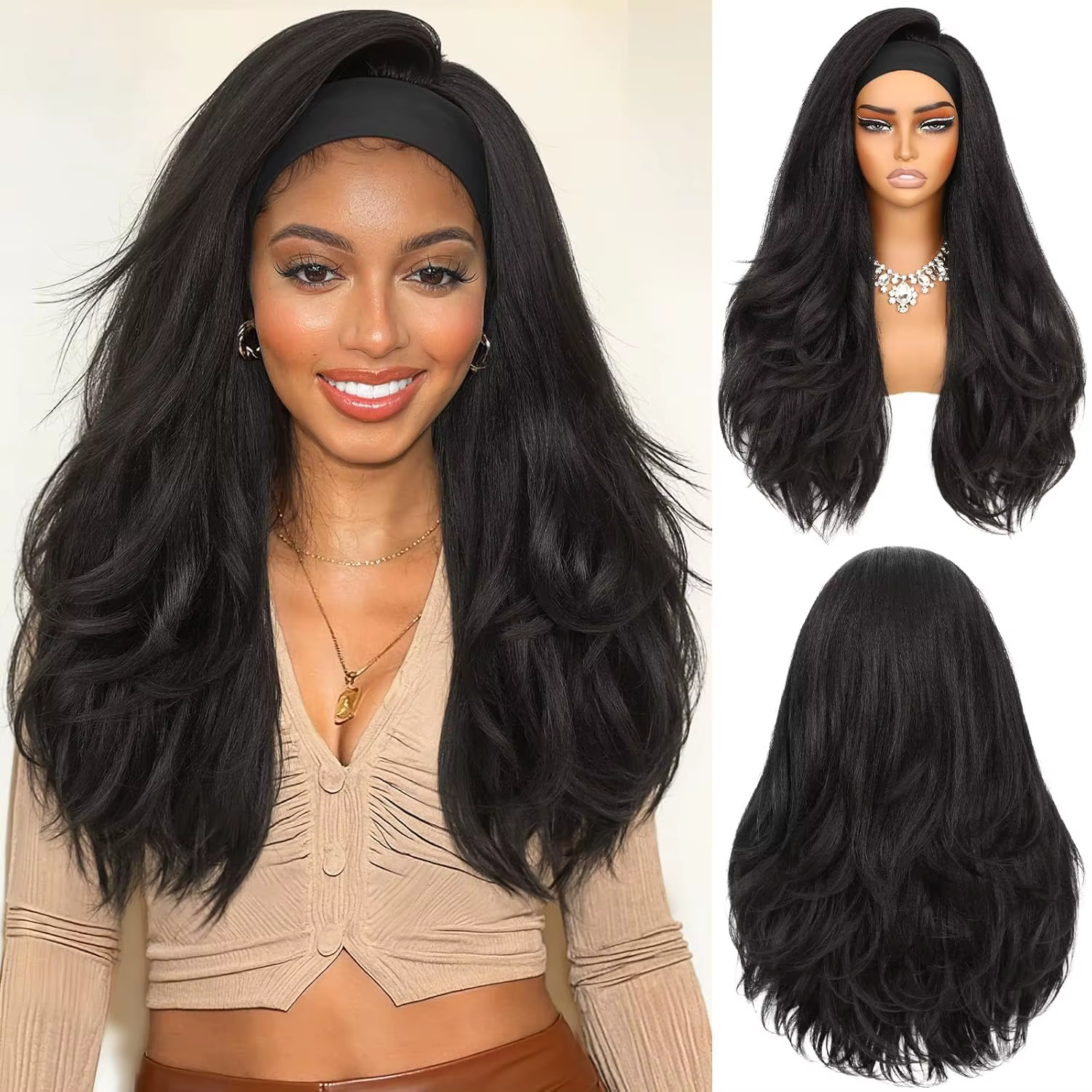 Perruques synthétiques Yaki ondulées avec bandeau pour femmes noires, prêtes à porter, texture raide