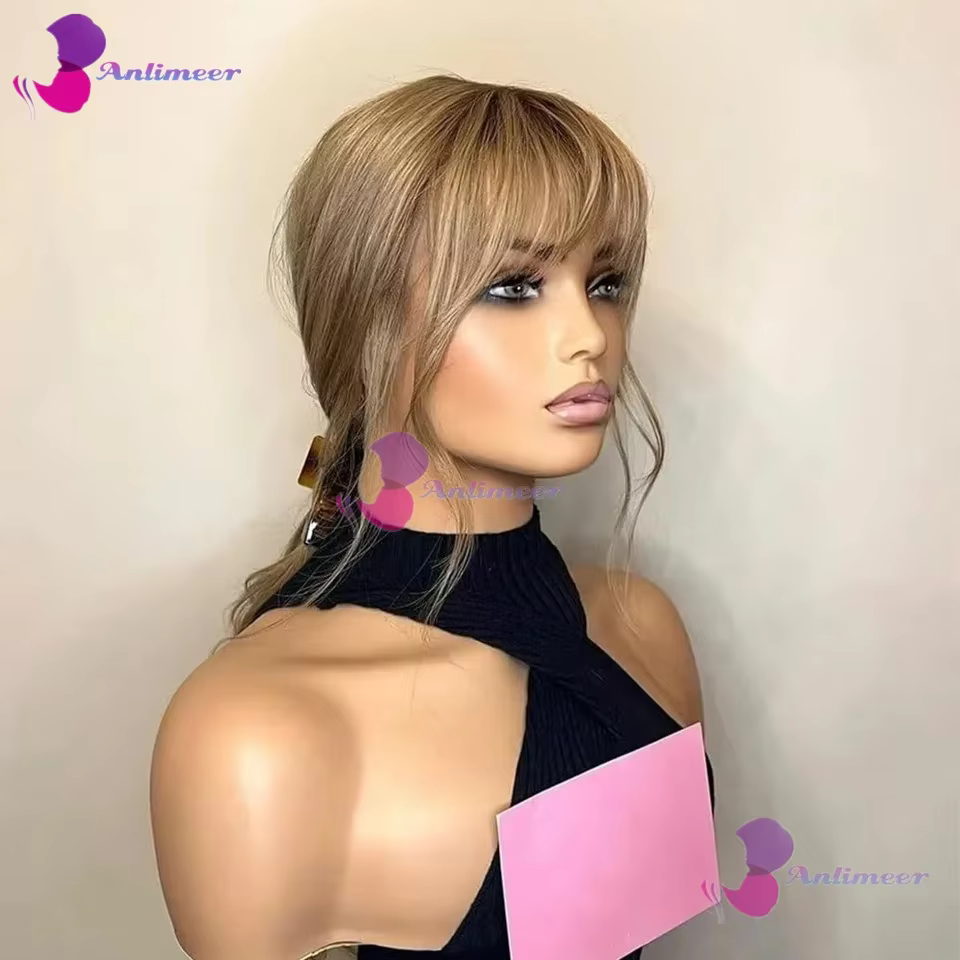 Perruques en cheveux humains blond miel avec frange, ondulées, sans colle, 13x6/360, avec nœuds blan