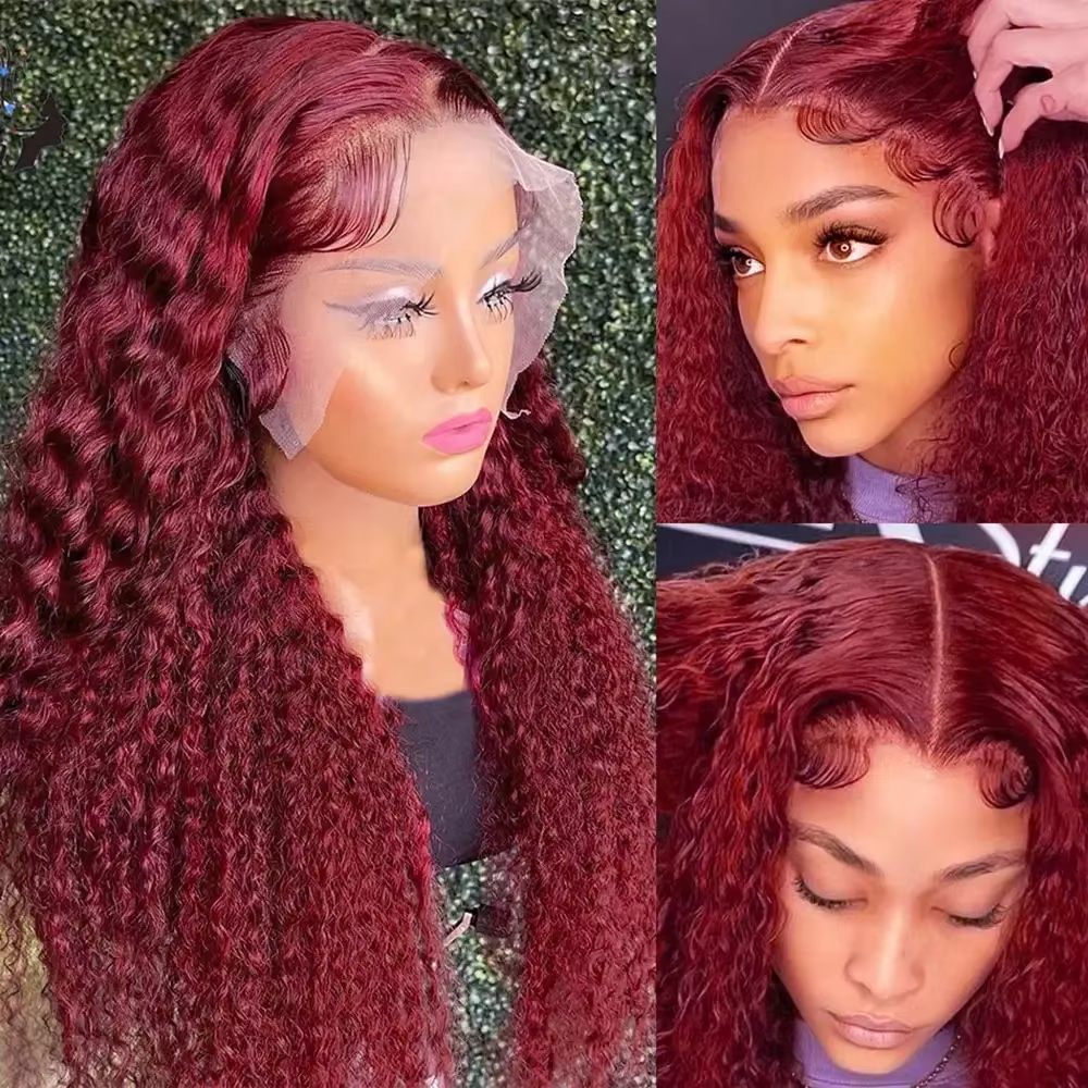 Perruque Lace Front Wig naturelle brésilienne ondulée, cheveux bouclés, bordeaux 99j, 13x6 Hd, Deep