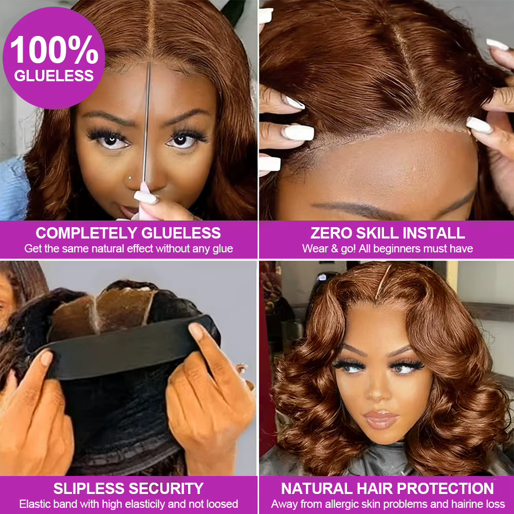 Perruque Bob courte ondulée marron chocolat, cheveux humains sans colle, 13x4 HD, Lace Frontal Wig 1