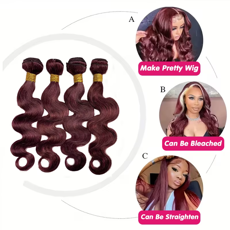 Extensions de Cheveux Humains Bruts 100% Non Traités 16A, Bundles Ondulés Bourgogne 99j, Lot de 3 ou