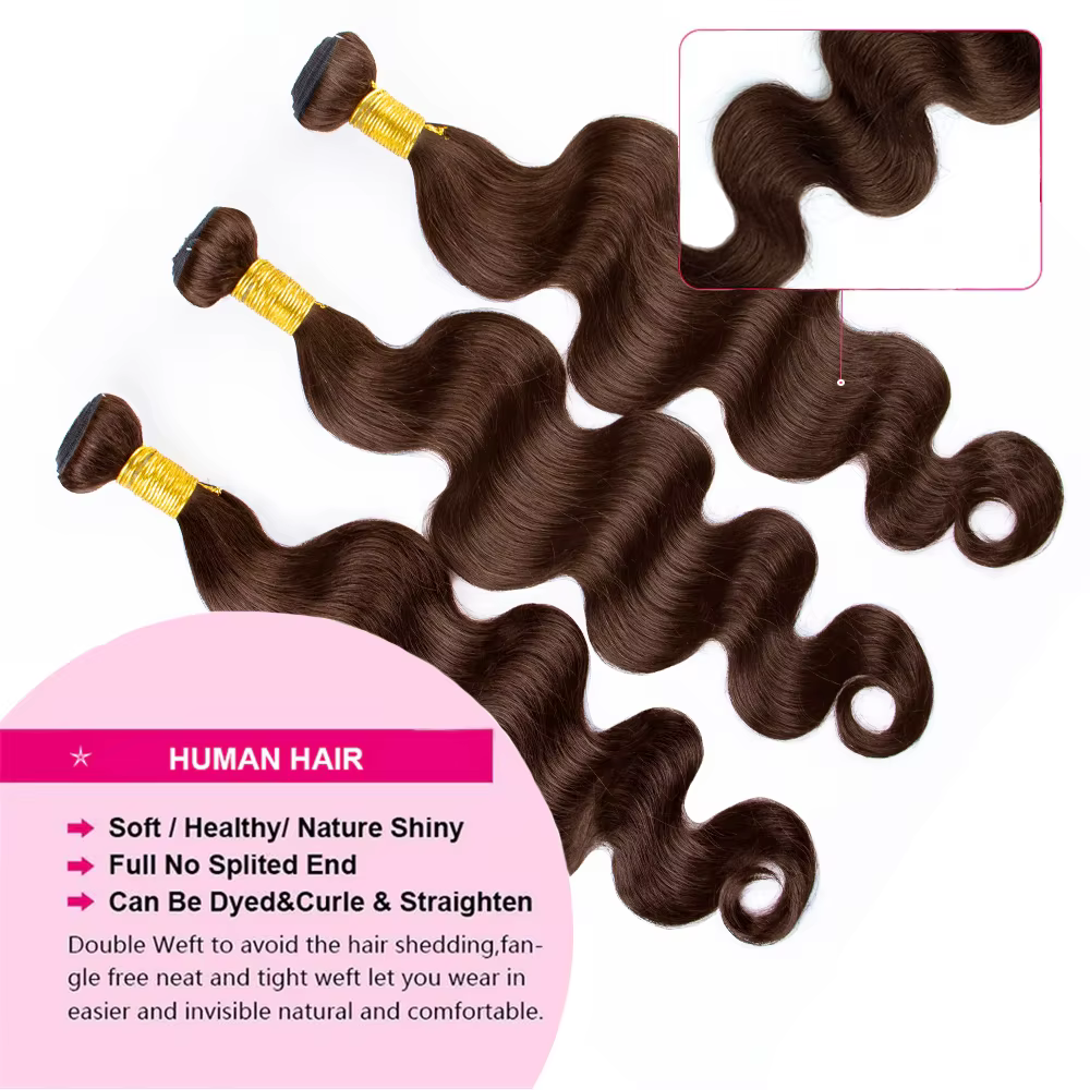 # 4 Bundles de Cheveux Humains Ondulés Brun Foncé 1/3 Pièces, Extensions de Cheveux Remy Brésiliens