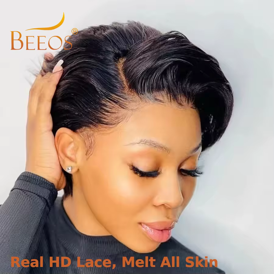 BEEOS-Perruque Lace Front Wig Brésilienne Naturelle, Cheveux Humains, Coupe Pixie, Pre-Plucked, 13x4