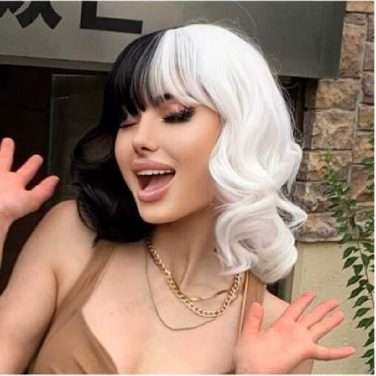 CRUELLA de Vil Cosplay perruque courte bouclée moitié noir moitié blanc mme Spot cheveux Deville Dal