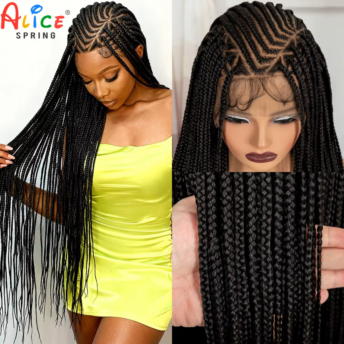 Perruques tressées en cornrows 36 pouces, perruques synthétiques en dentelle complète, perruques tre