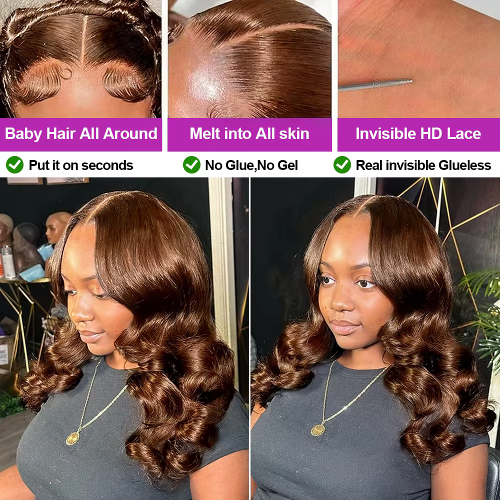 Perruque Bob courte ondulée marron chocolat, cheveux humains sans colle, 13x4 HD, Lace Frontal Wig 1