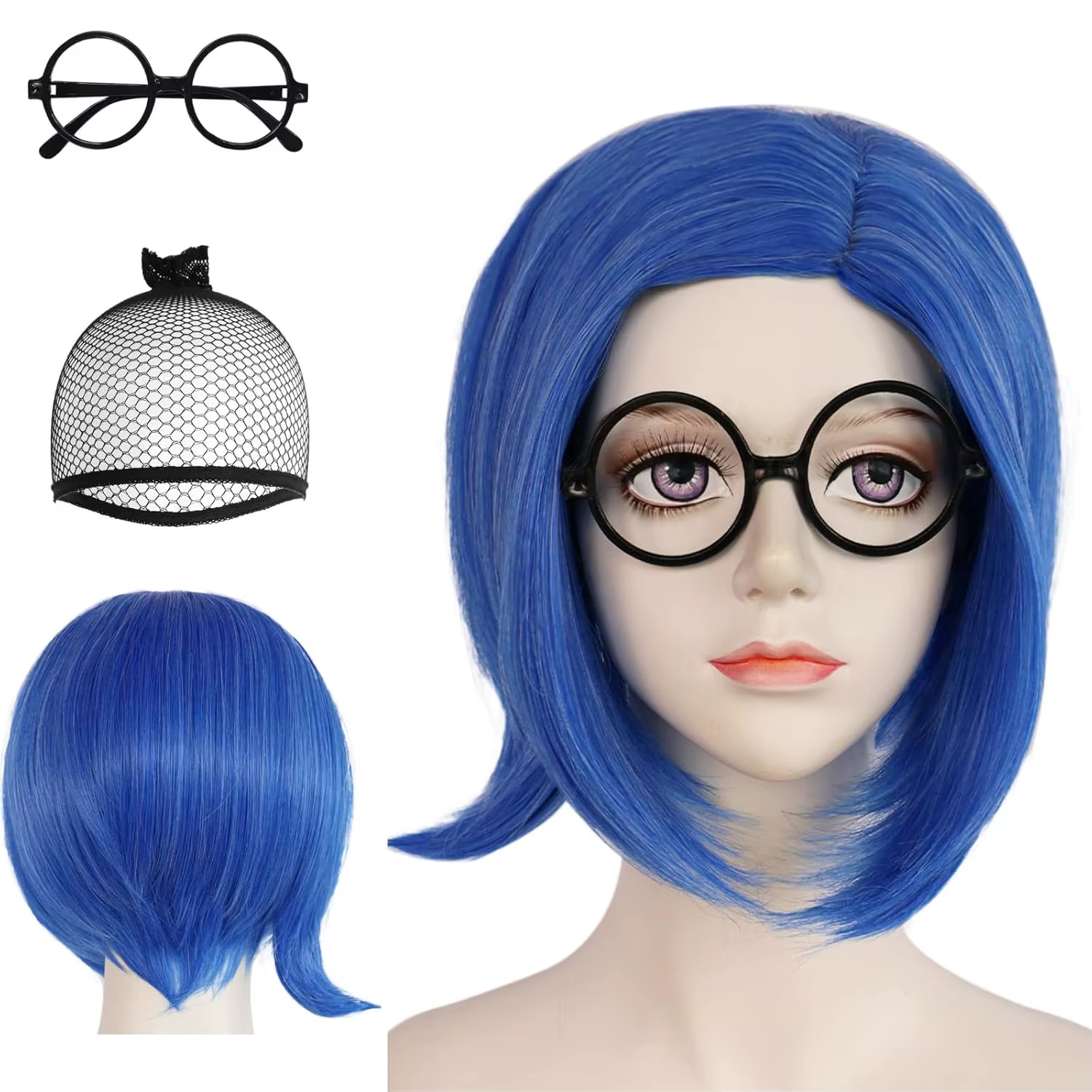 Perruque de tristesse bleue synthétique【+ bonnet de perruque + lunettes】 perruques Bob courtes bleue