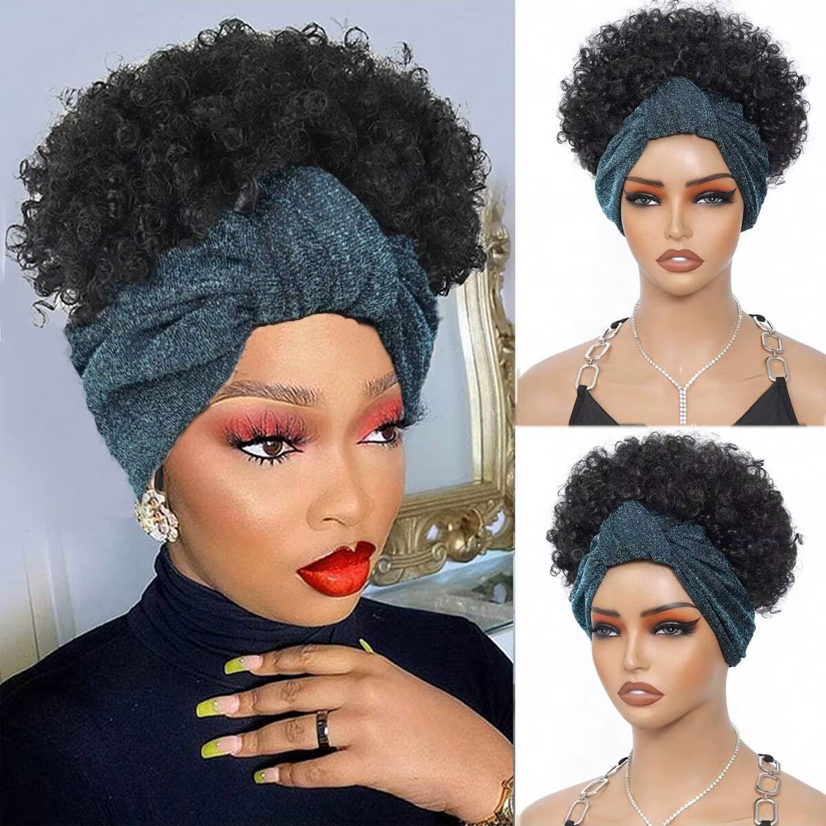 Perruques bandeau noires pour femmes, perruque afro bouclée synthétique courte avec bandeau intégré,