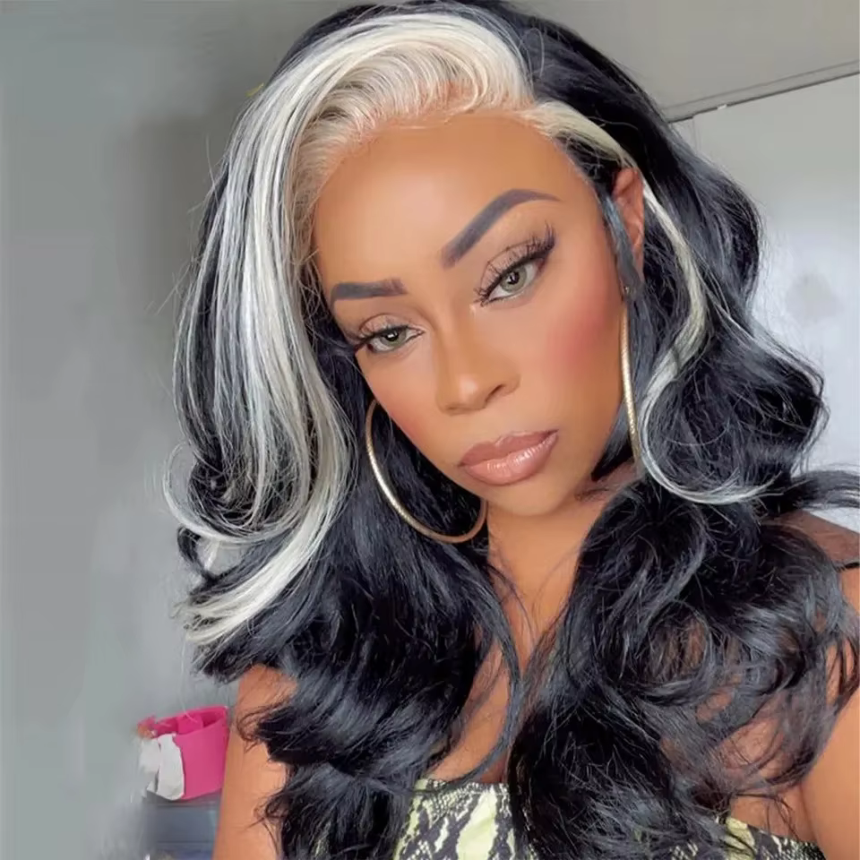 Perruque Lace Frontal Wig synthétique Body Wave blanche à reflets noirs, 13x4 HD, haute qualité, rés