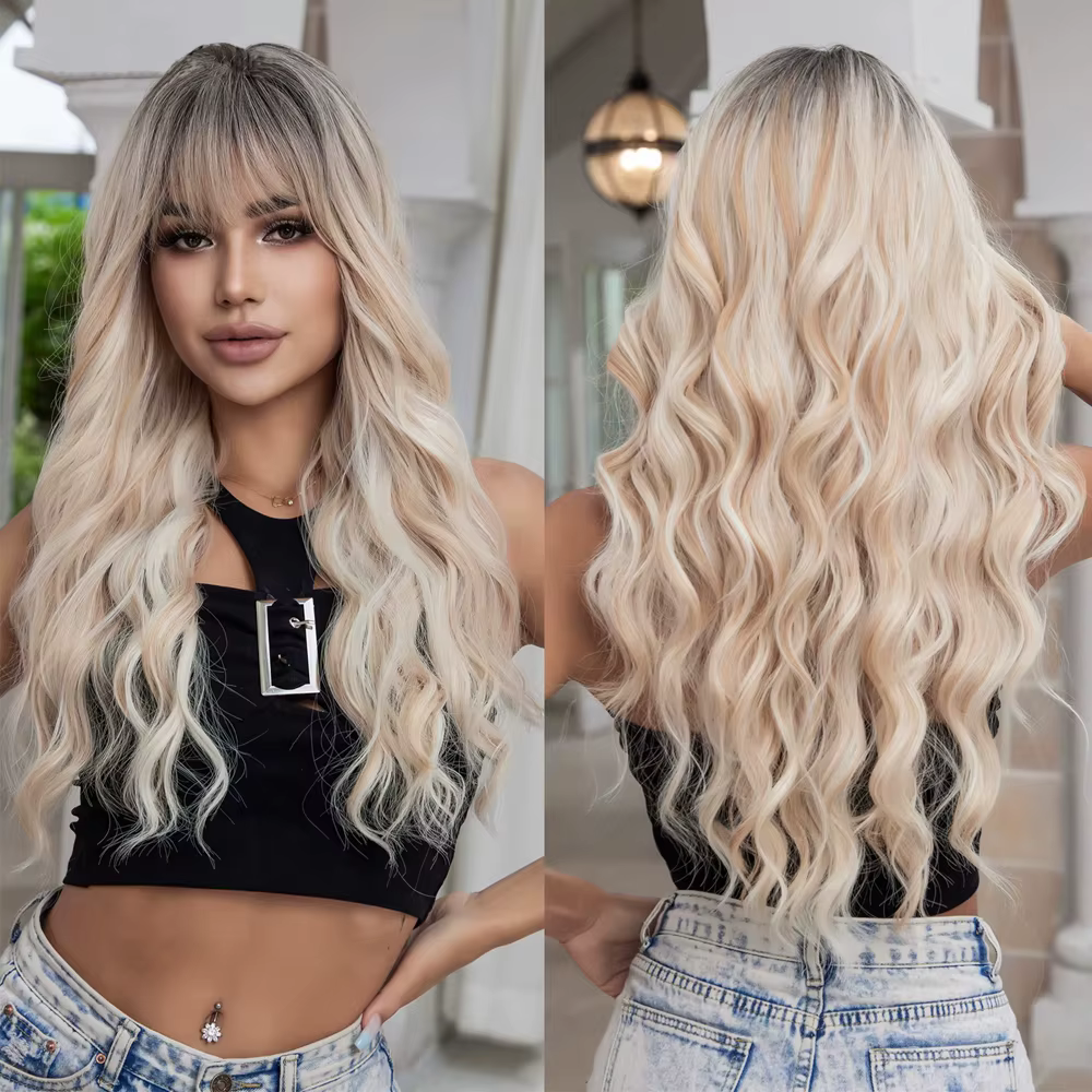 Perruque blonde ombrée avec frange, perruque longue ondulée, blonde platine, pour femmes avec racine