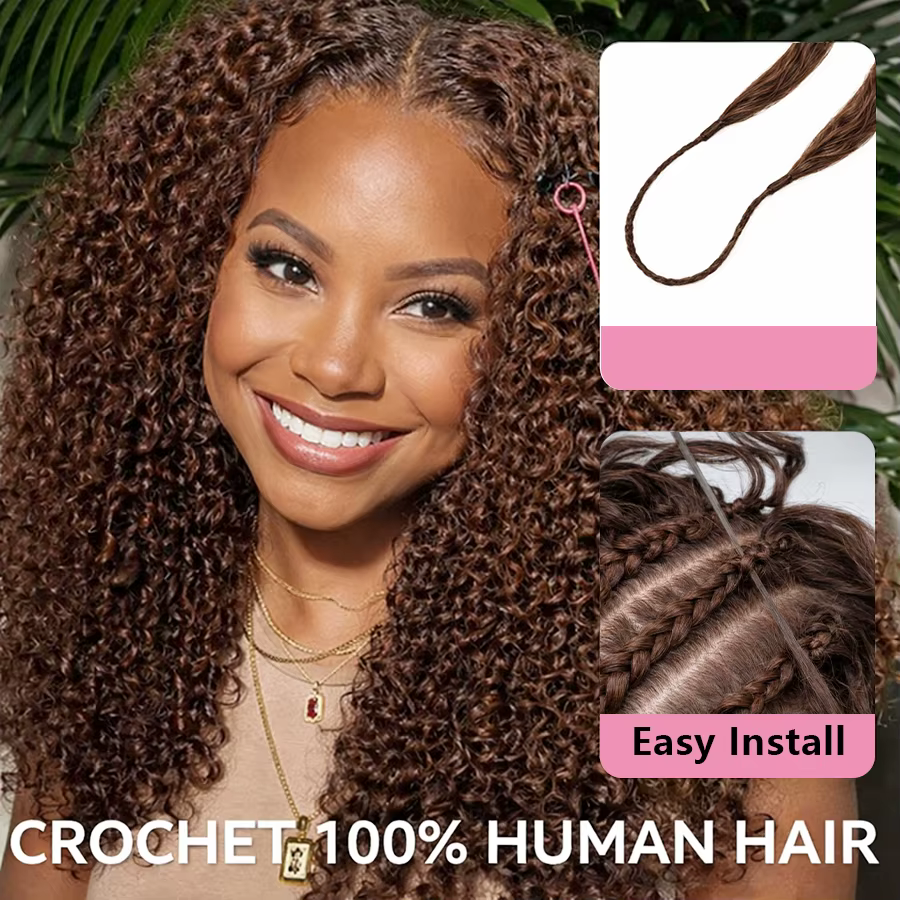 Cheveux humains bouclés crépus bruns pour crochet, invisibles, sans nœuds, pré-séparés, petites spir