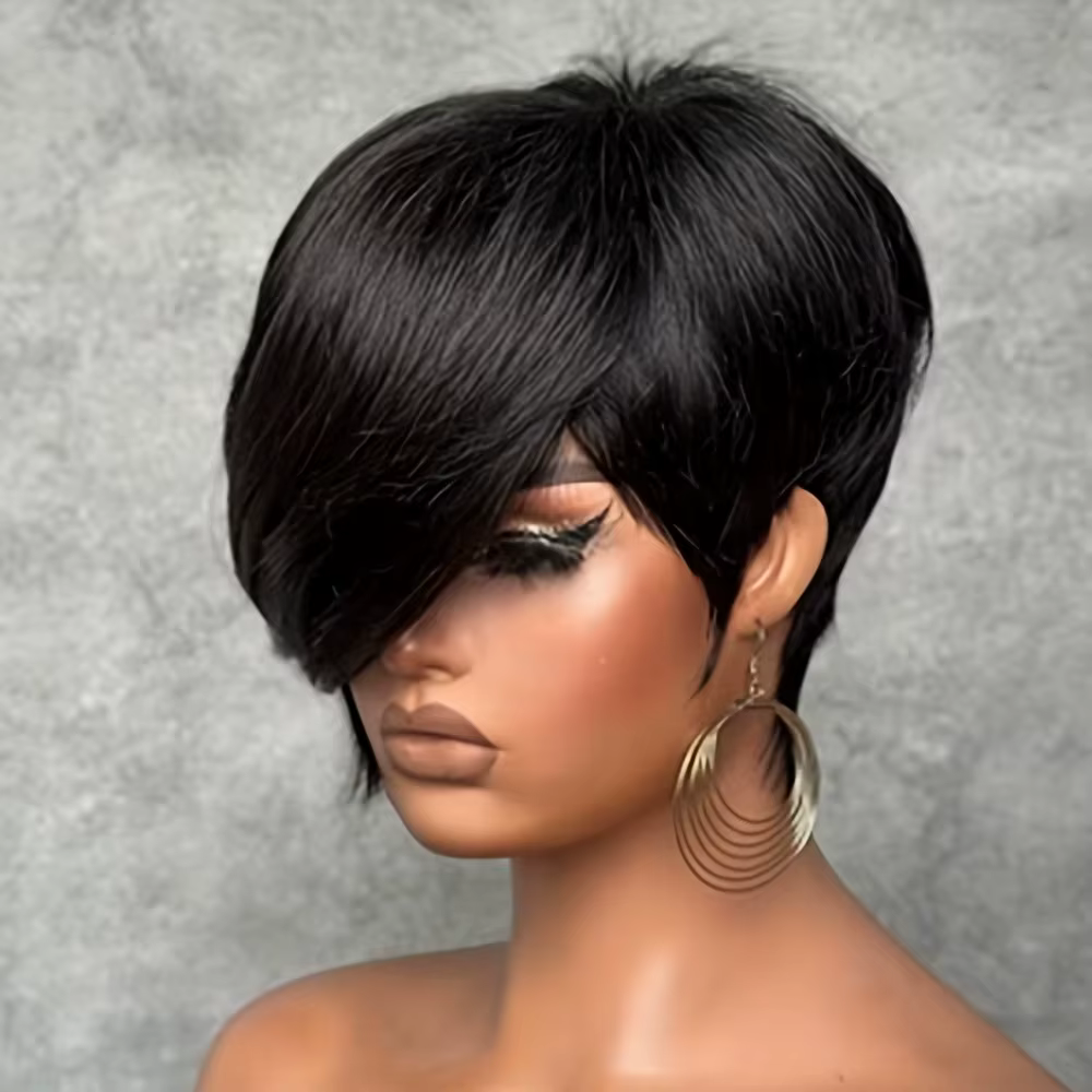 Perruque de cheveux humains brésiliens Remy, 8 pouces, coupe Pixie courte avec frange, densité 180%,
