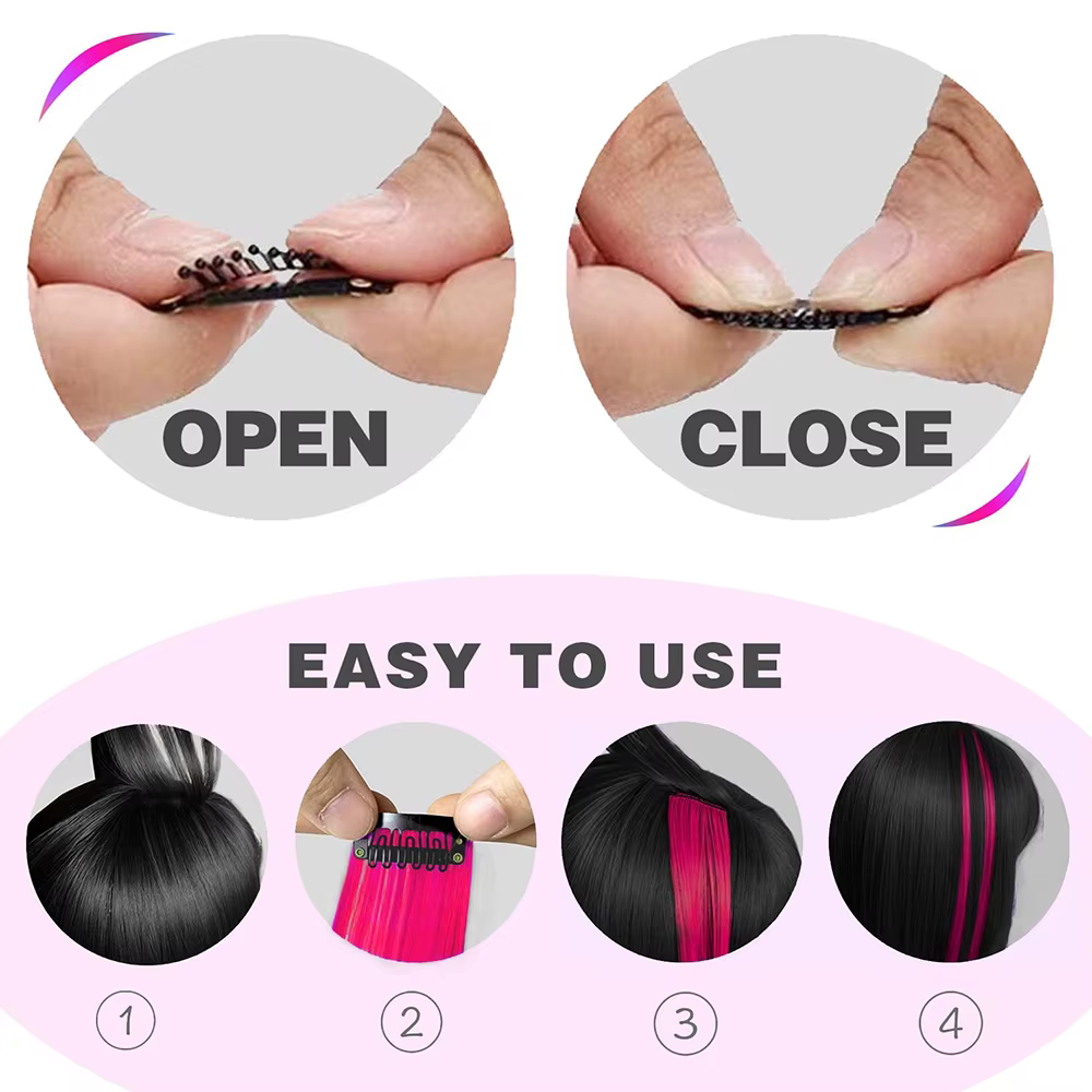 Extensions capillaires synthétiques à clips, 6 pièces/paquet, reflets de fête colorés, 22 pouces, po