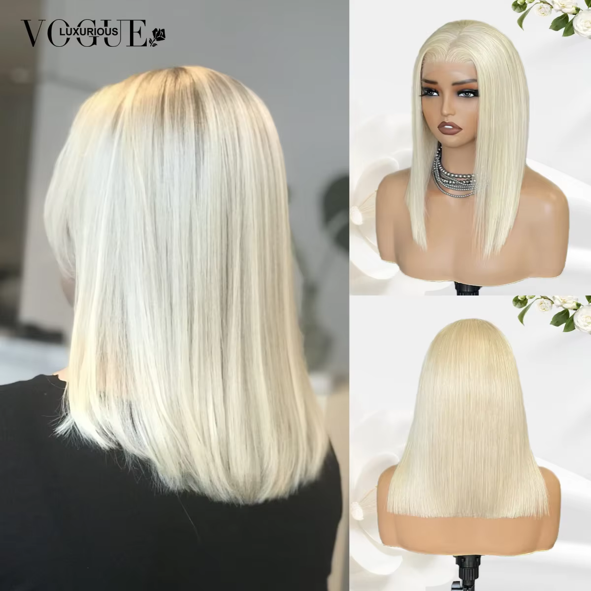 LUX VOGUE crème platine coupe émoussée Bob 100% perruque de cheveux humains perle finition brillante