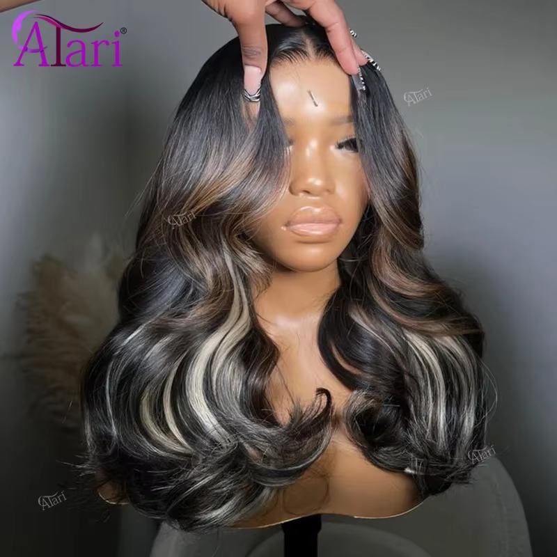 Perruque Lace Frontal Wig Body Wave brésilienne naturelle, cheveux humains, à reflets bruns et blond