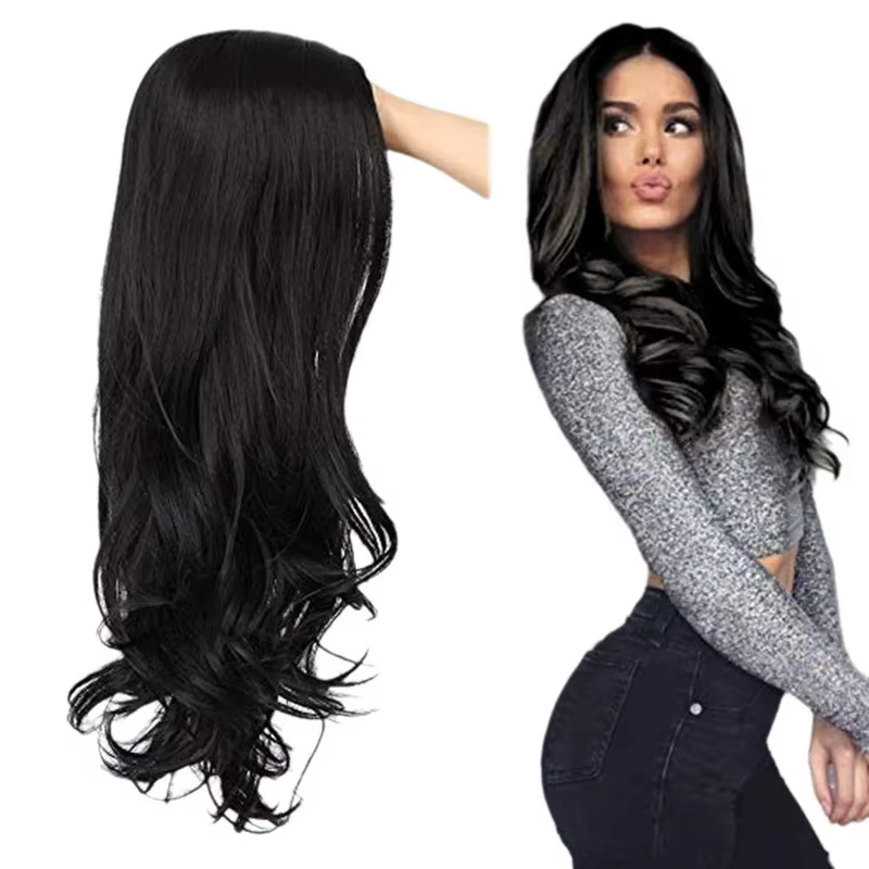 Perruque synthétique noire tendance, grandes vagues, cheveux longs bouclés, cheveux longs et moelleu