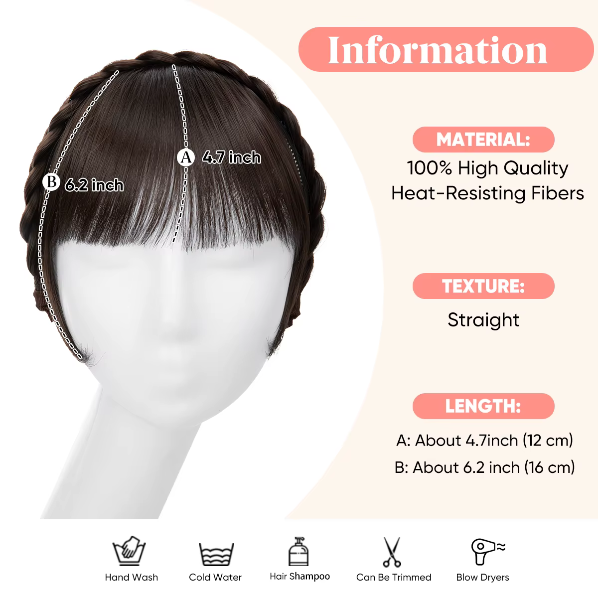 Extension de frange de bandeau synthétique, faux cheveux, frange émoussée avec côtés longs pour femm