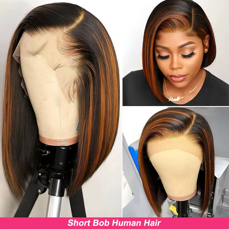 # Perruque Bob Lace Front Wig naturelle lisse à reflets 4/350, 13x4, cheveux humains, couleur marron