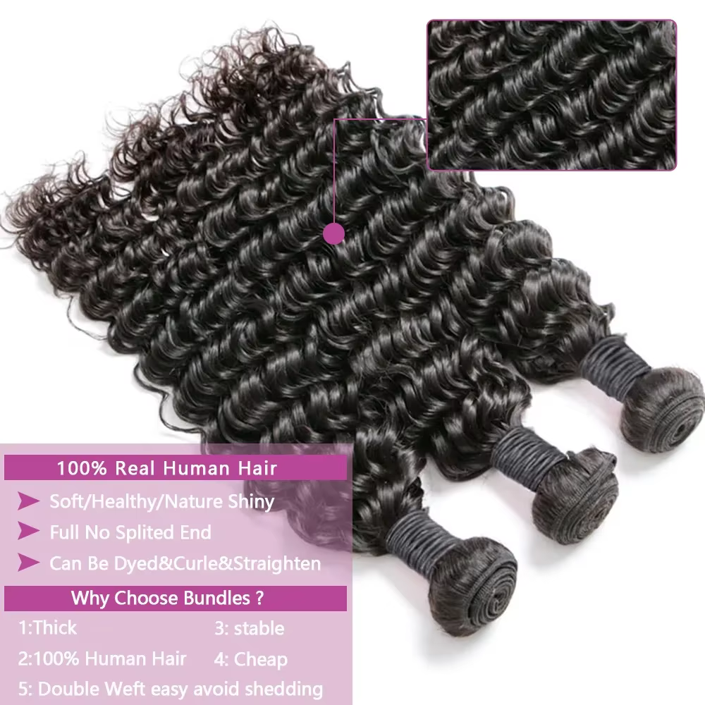 Queenlike vague profonde paquets de cheveux humains 24 26 28 pouces paquets bouclés profonds 100% ch